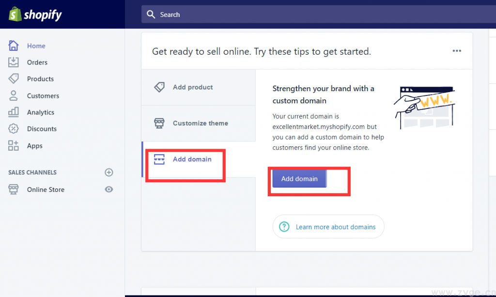 在Shopify后台找到Adddomain添加域名按钮，