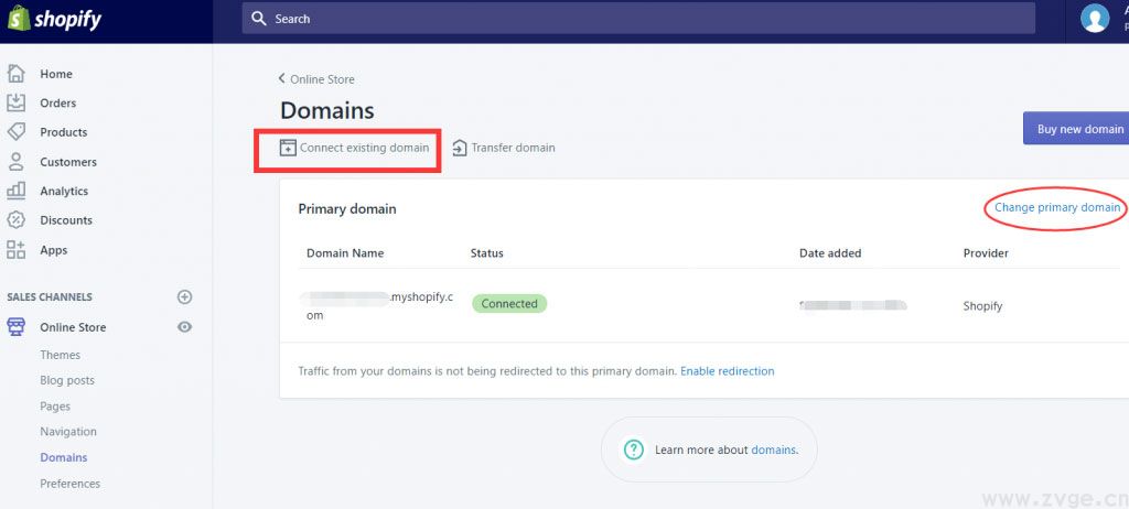直接点击connectexistingdomain连接现有域名按钮